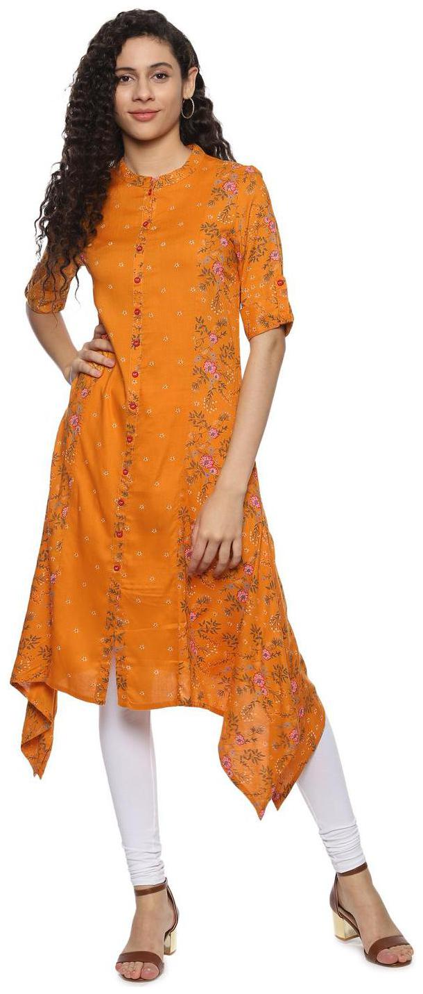 

People Women Viscose Floral Yellow Kurta