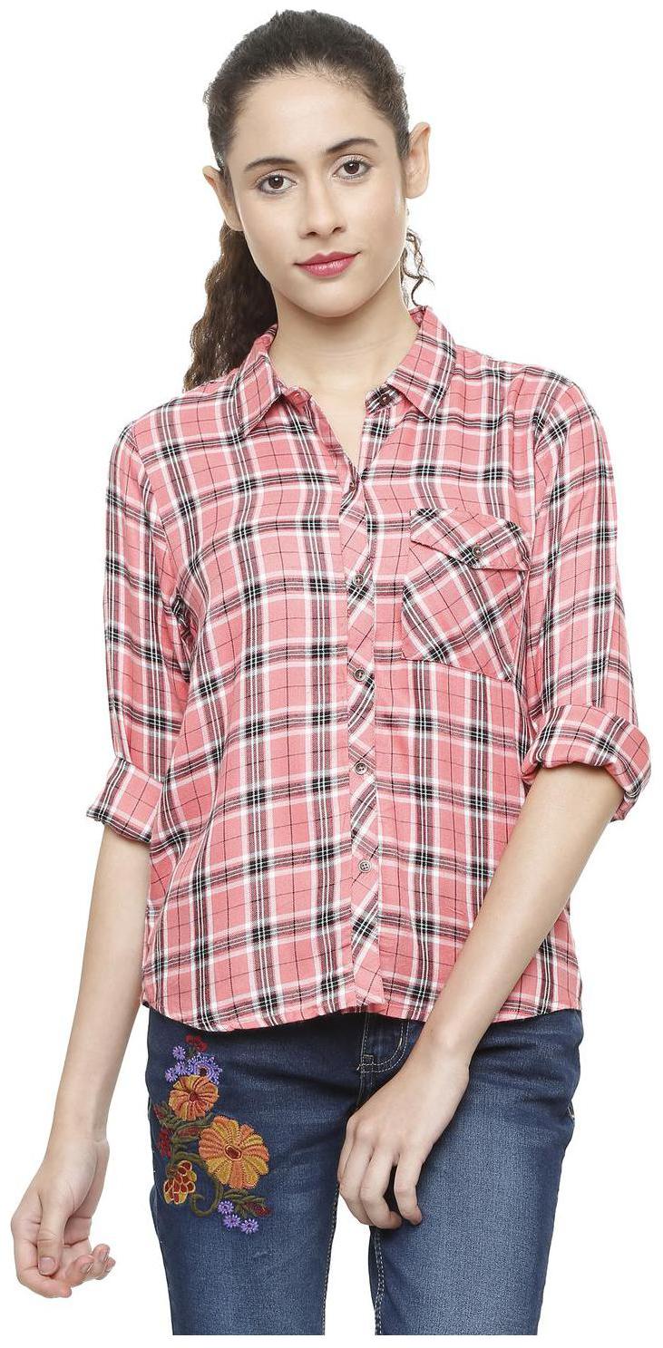 

People Women Pink Checked Regular Fit Shirt