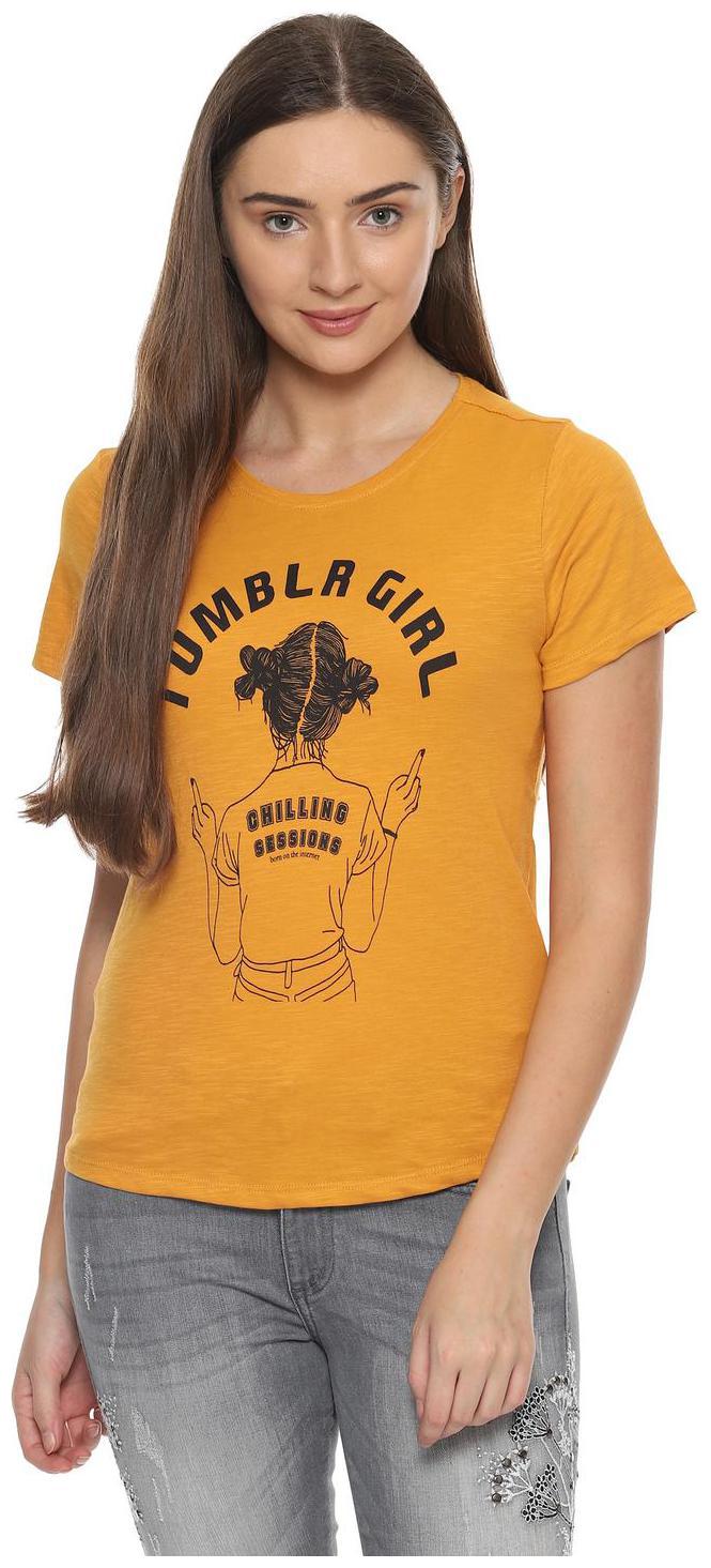 

People Women Yellow Regular fit Round neck Cotton T shirt