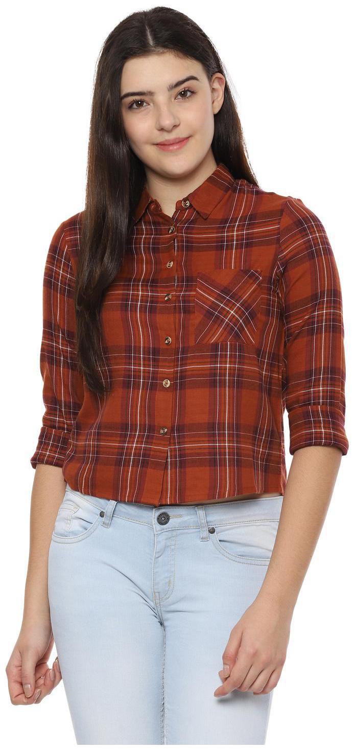 

People Women Brown Checked Regular Fit Shirt