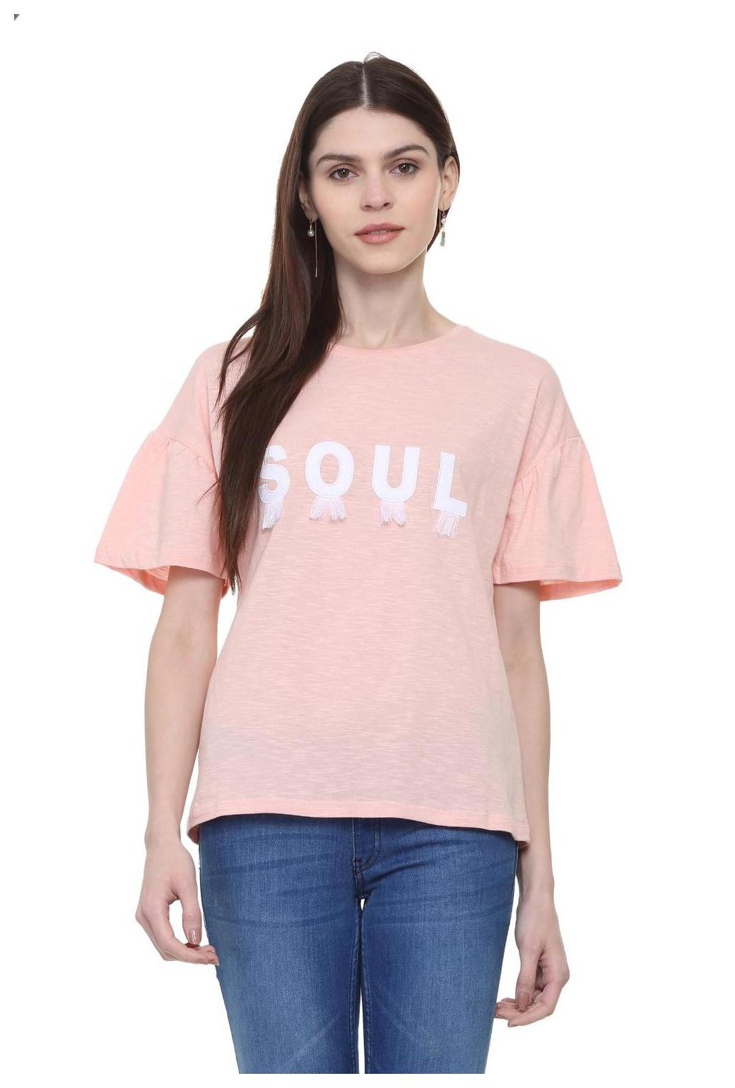 

People Women Pink Regular fit Round neck Cotton T shirt