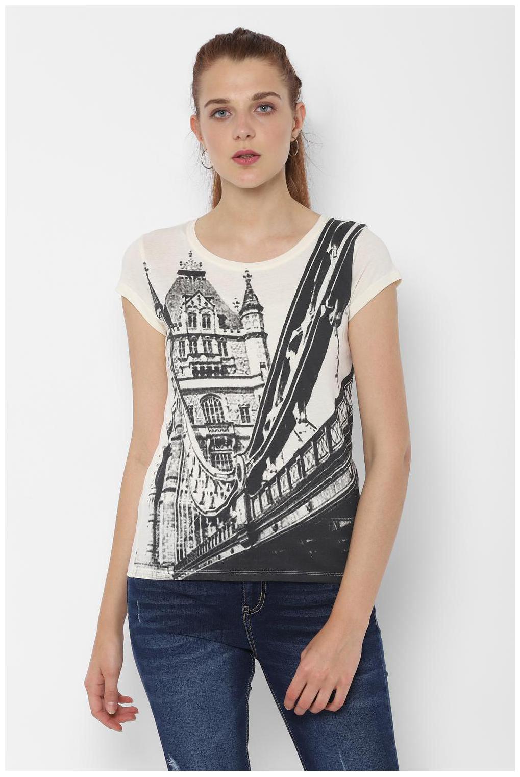 

People Women Cream Regular fit Round neck Cotton T shirt