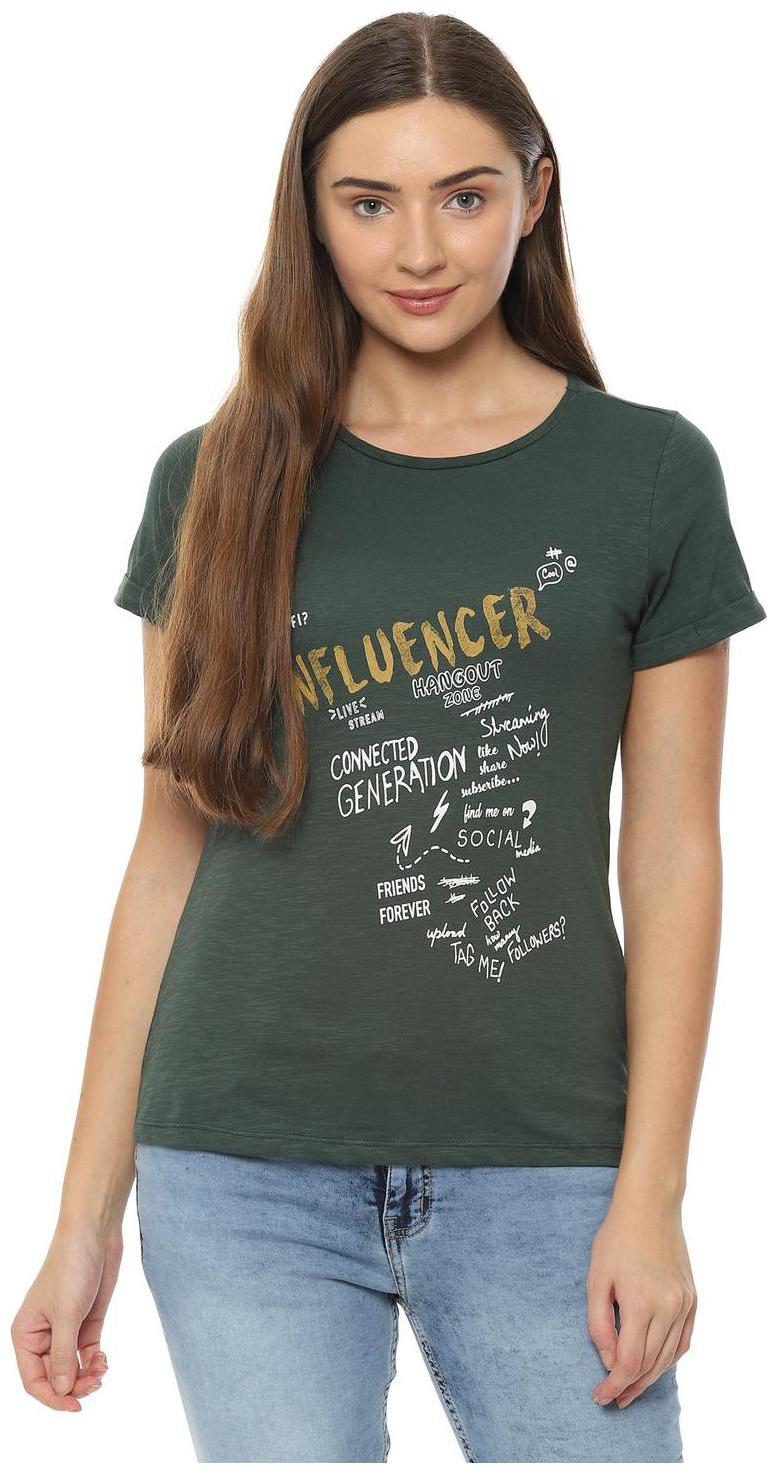 

People Women Green Regular fit Round neck Cotton T shirt