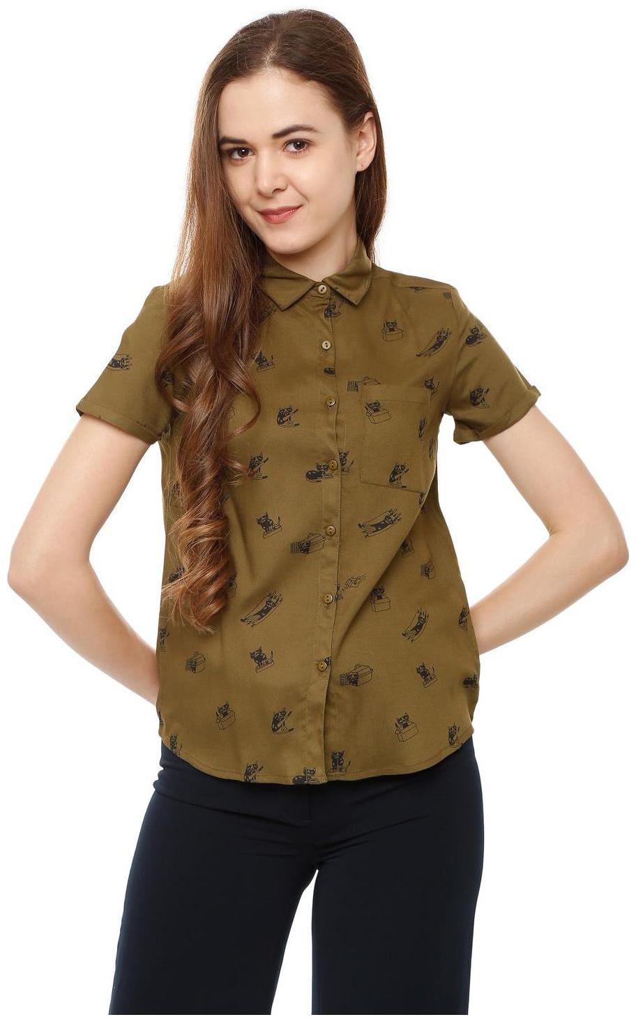 

People Women Green Printed Regular Fit Shirt