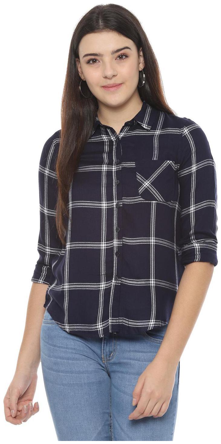 

People Women Blue Checked Regular Fit Shirt