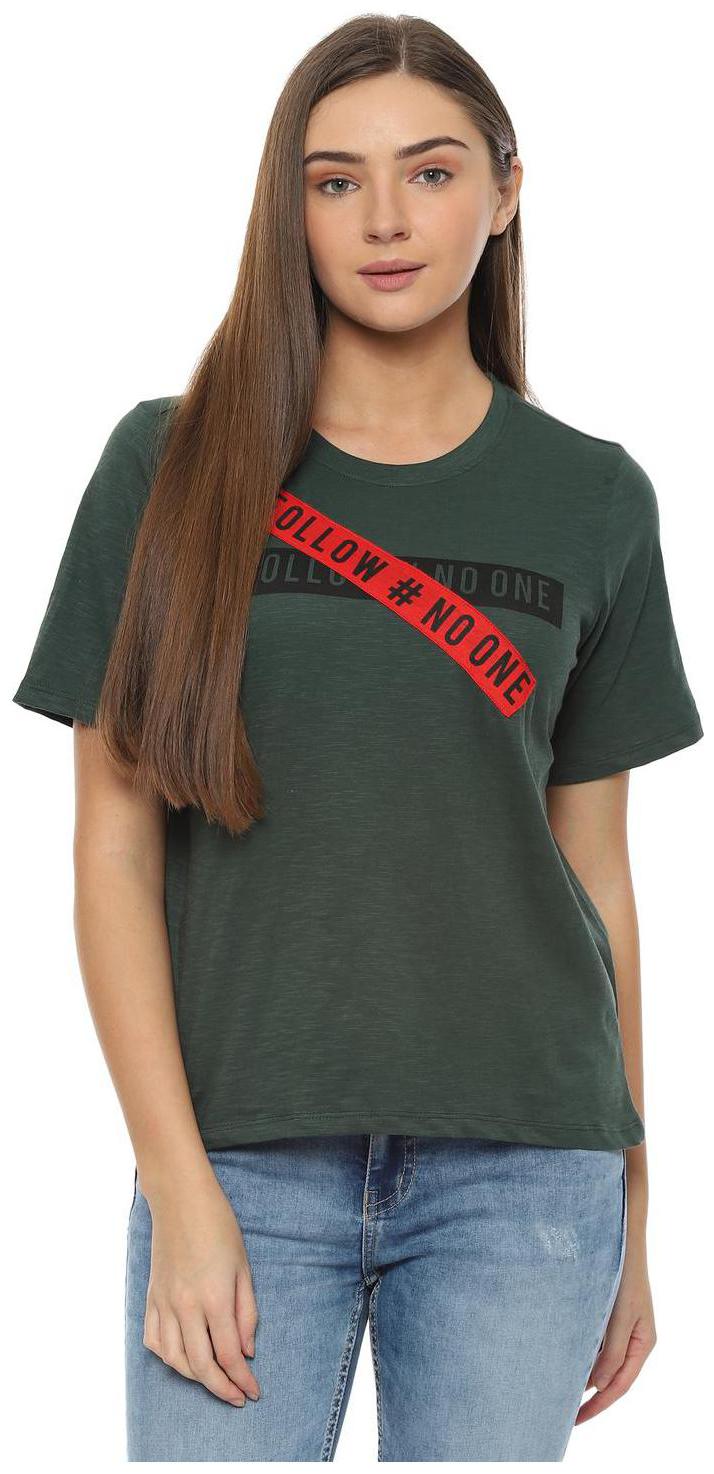 

People Women Green Regular fit Round neck Cotton T shirt