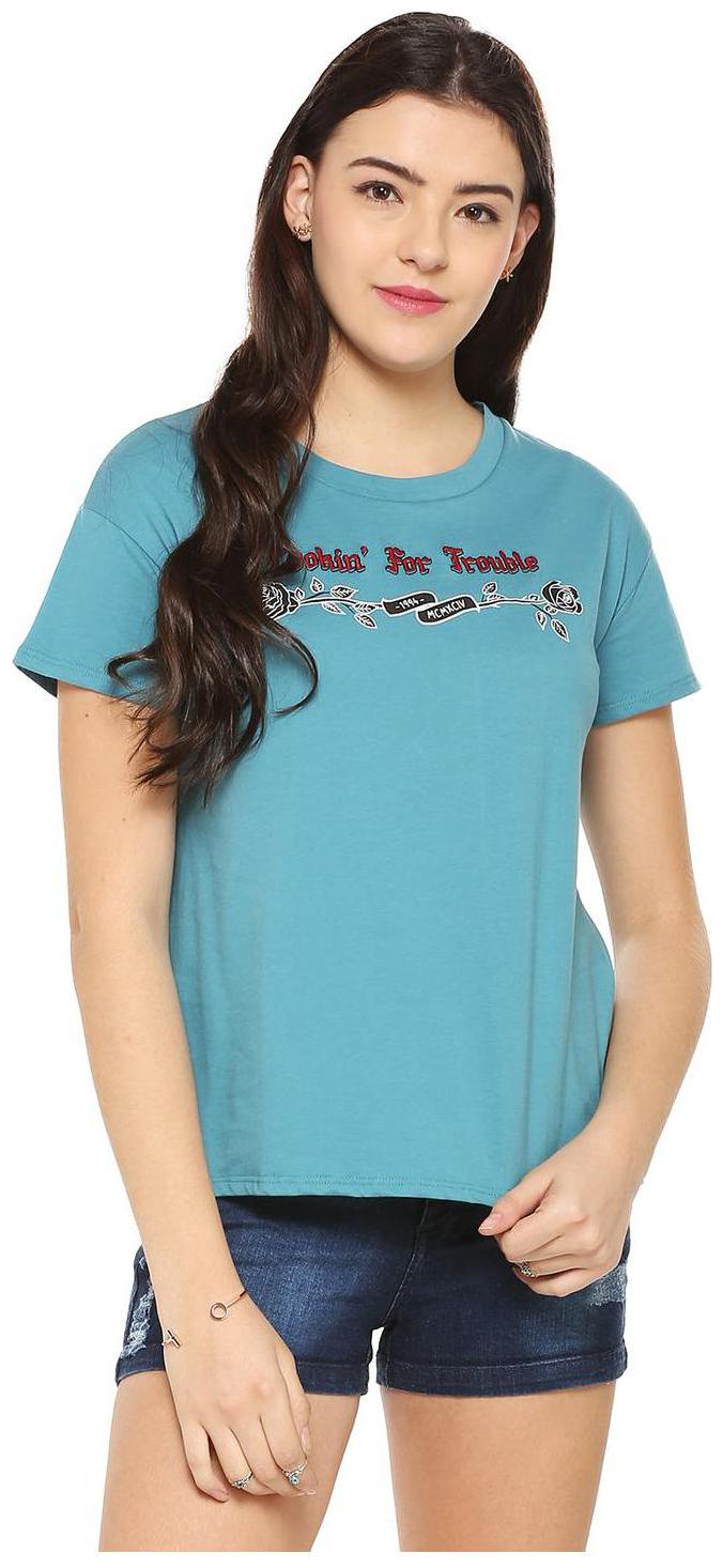 

People Women Blue Regular fit Round neck Cotton T shirt