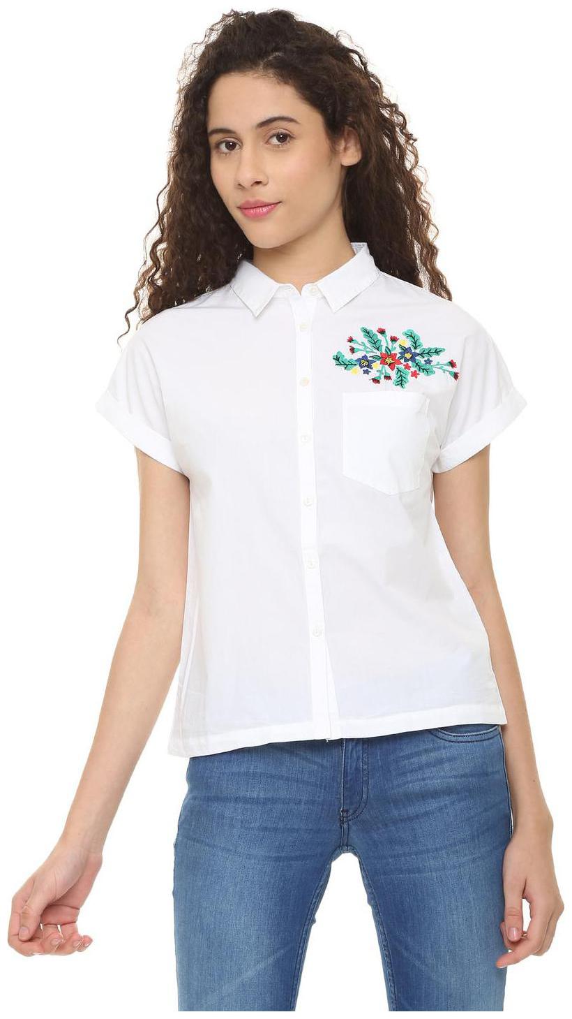 

People Women White Embroidered Regular Fit Shirt