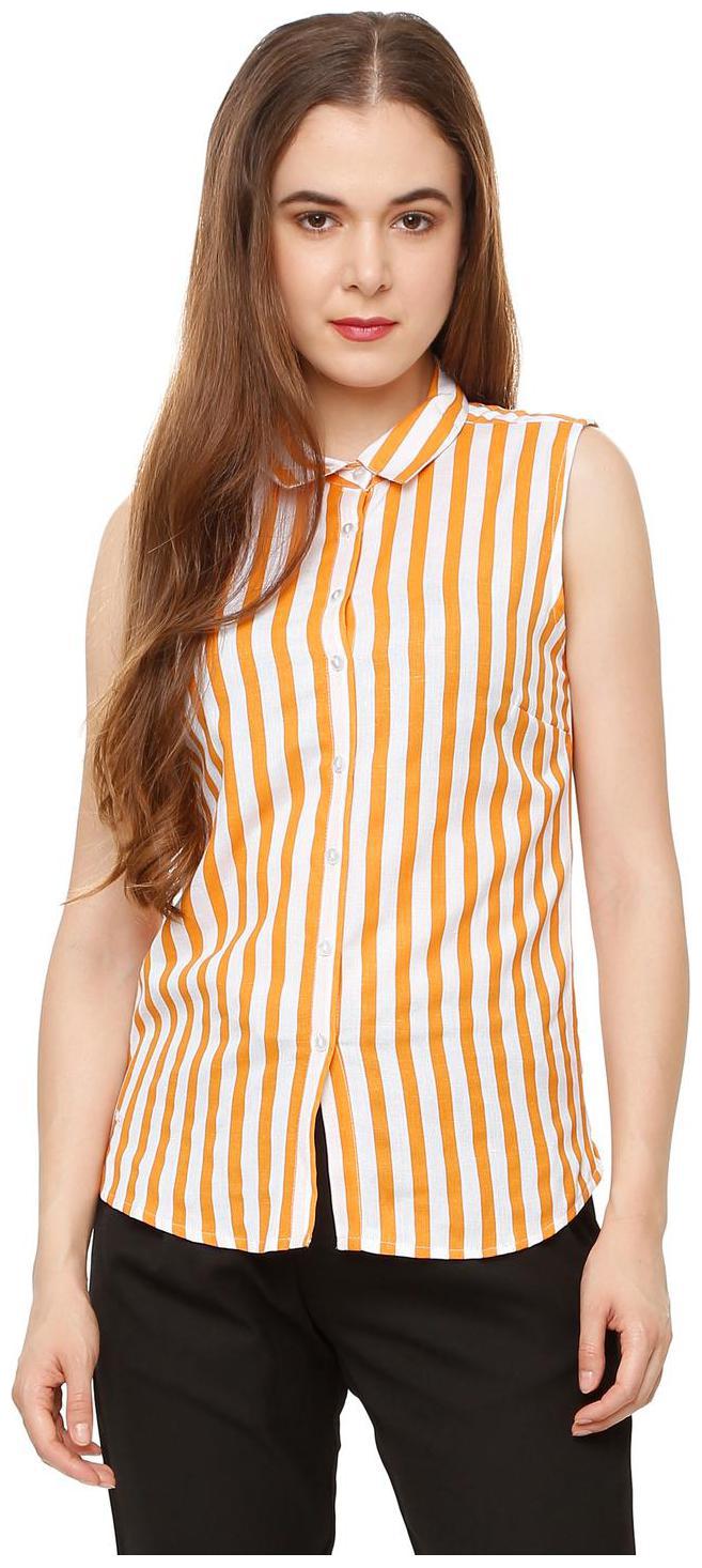 

People Women Orange White Striped Regular Fit Shirt