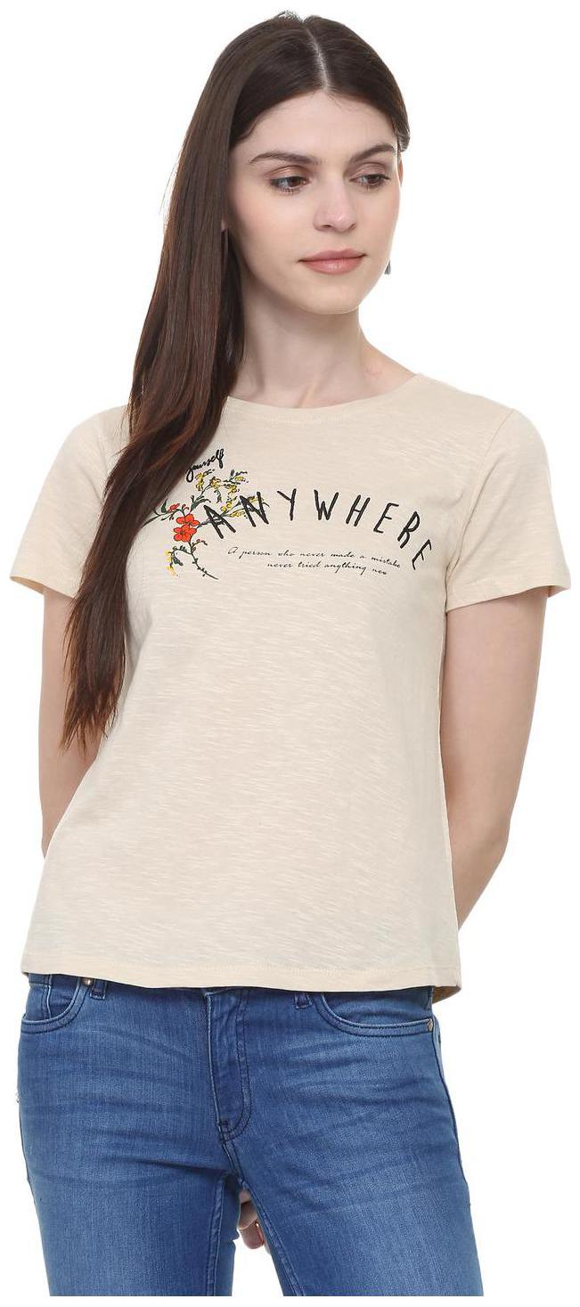 

People Women Beige Regular fit Round neck Cotton T shirt