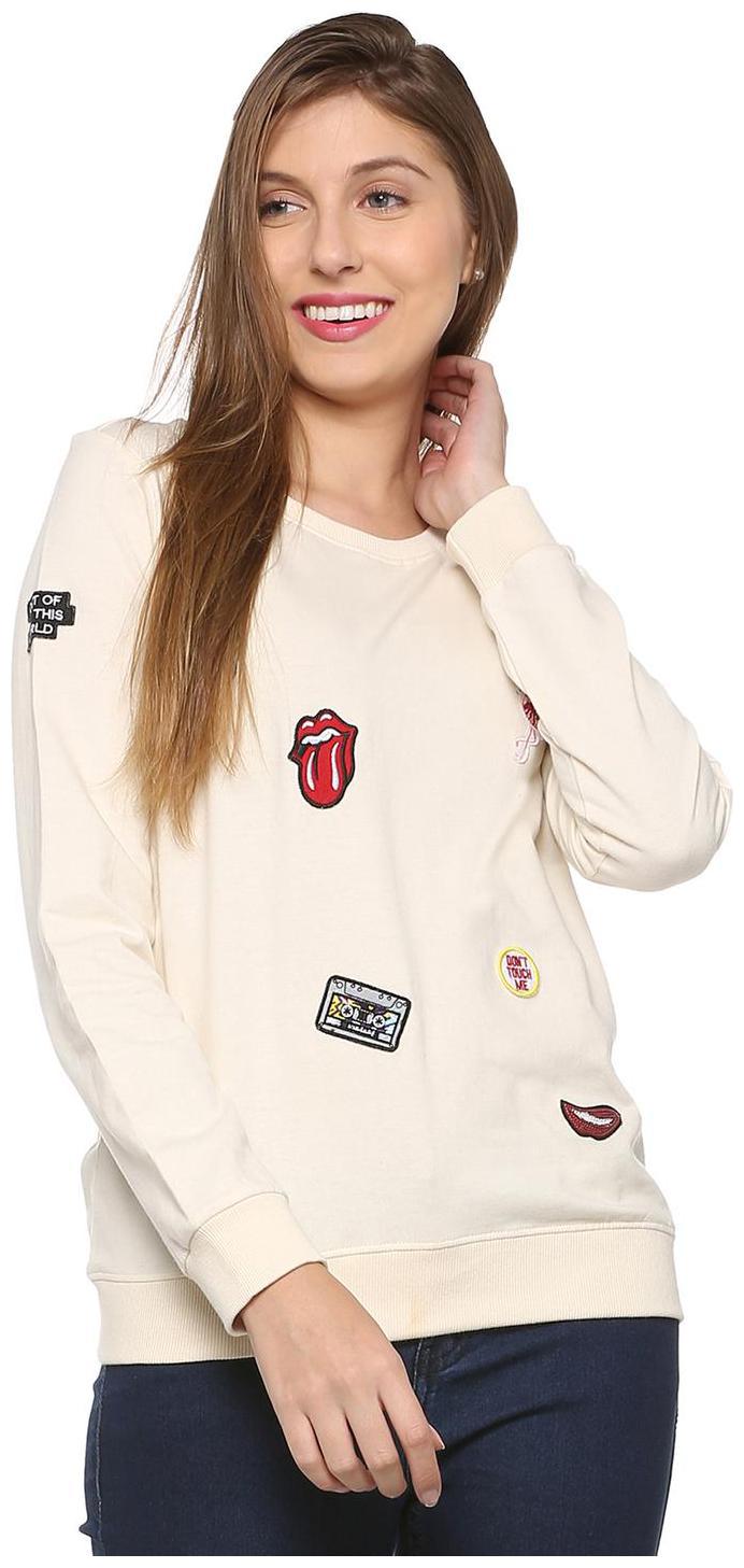 

People Women Self Design Sweatshirt - Beige