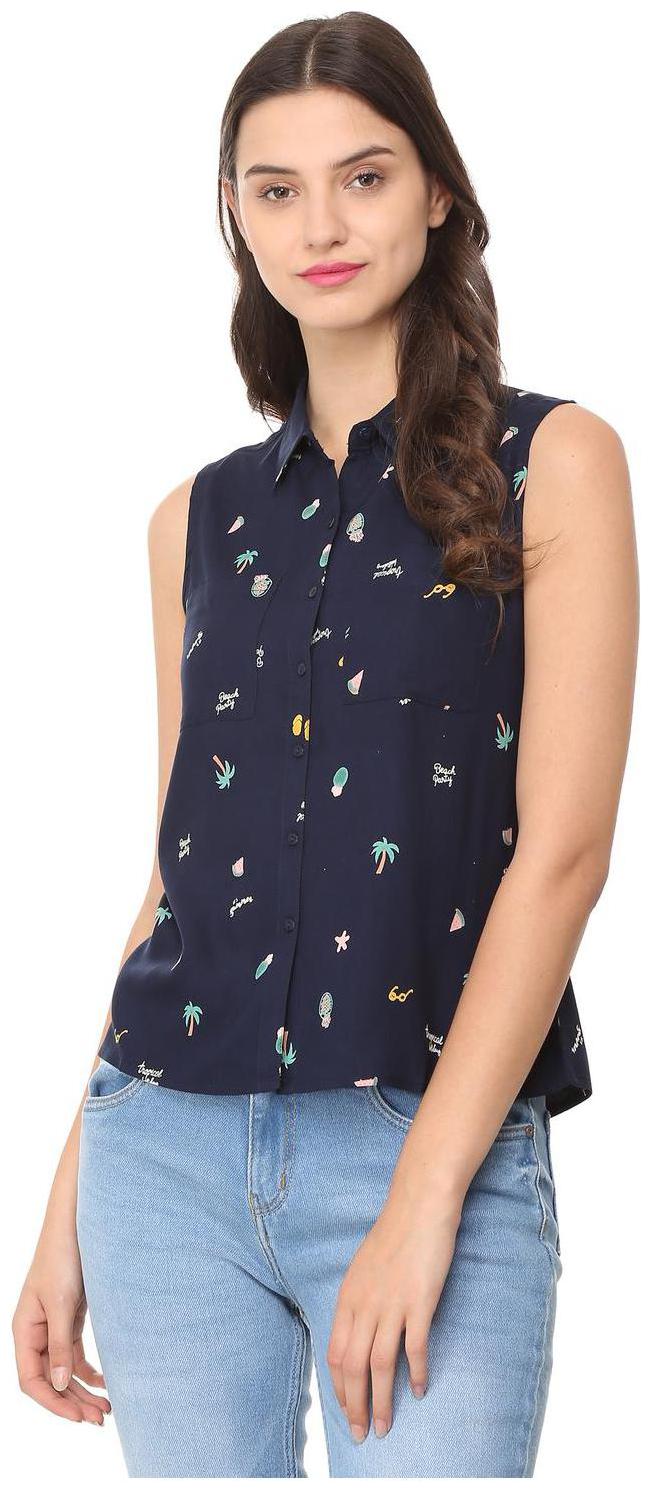 

People Women Blue Printed Regular Fit Shirt