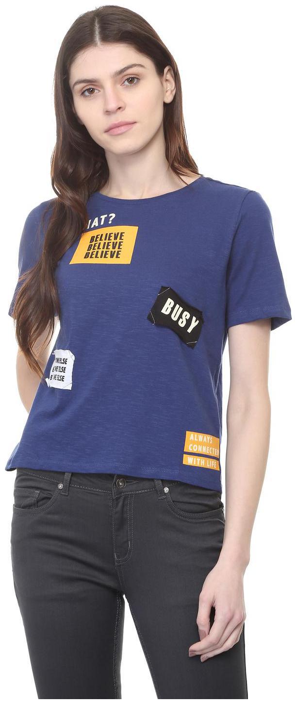 

People Women Blue Regular fit Round neck Cotton T shirt