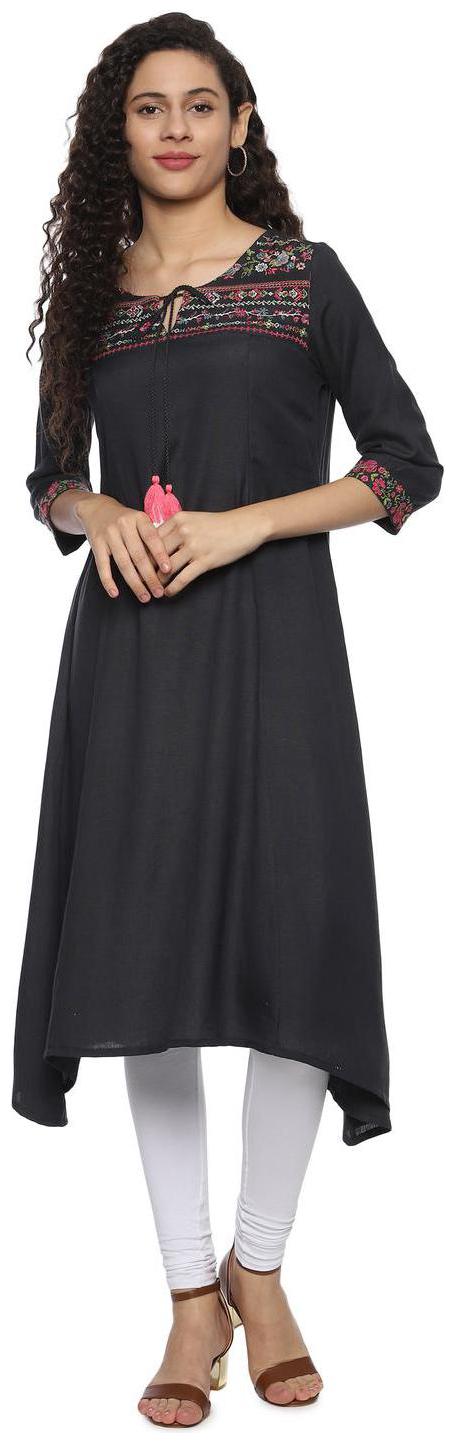 

People Women Rayon Embroidered Black Kurta