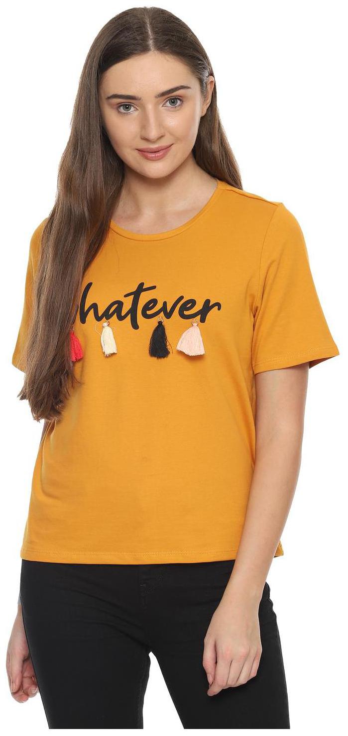 

People Women Yellow Regular fit Round neck Cotton T shirt