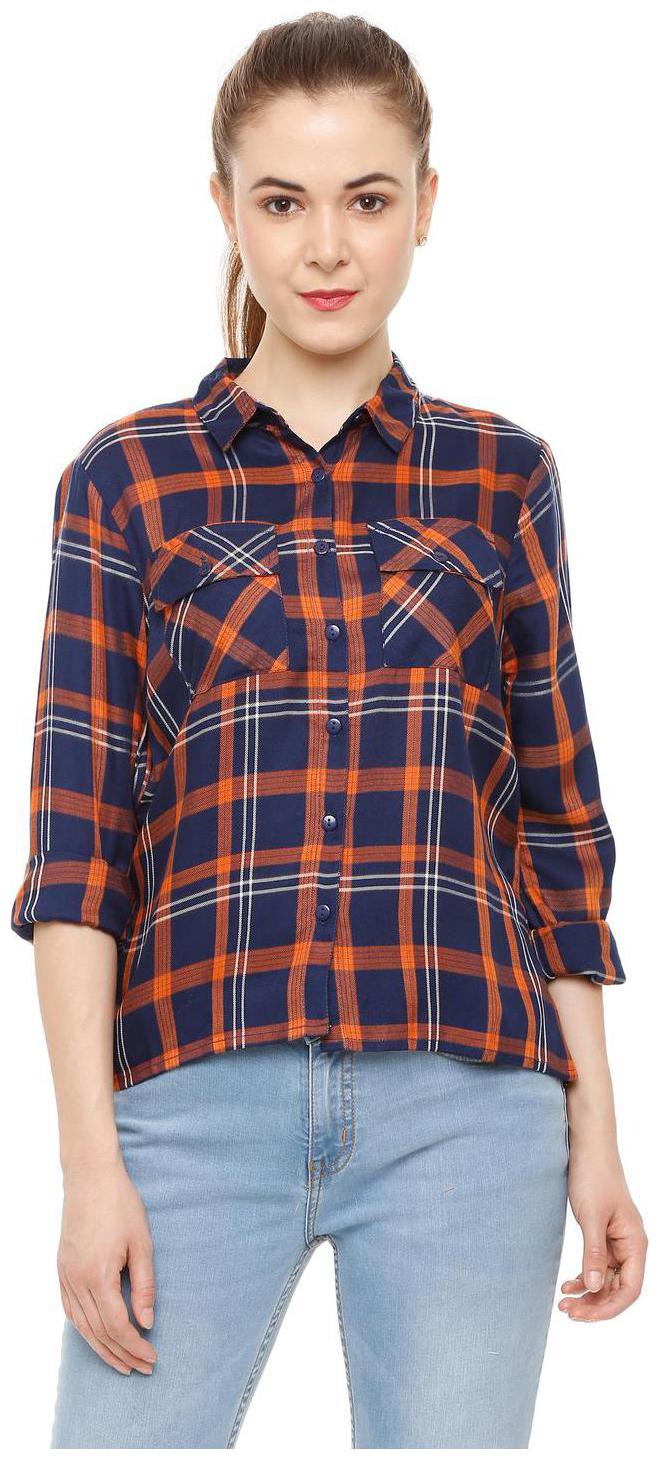 

People Women Blue Checked Regular Fit Shirt