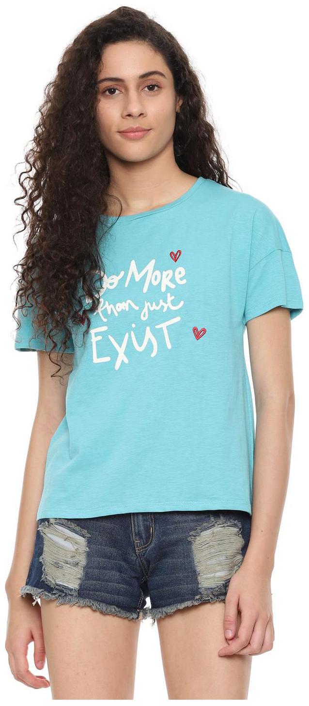 

People Women Blue Regular fit Round neck Cotton T shirt