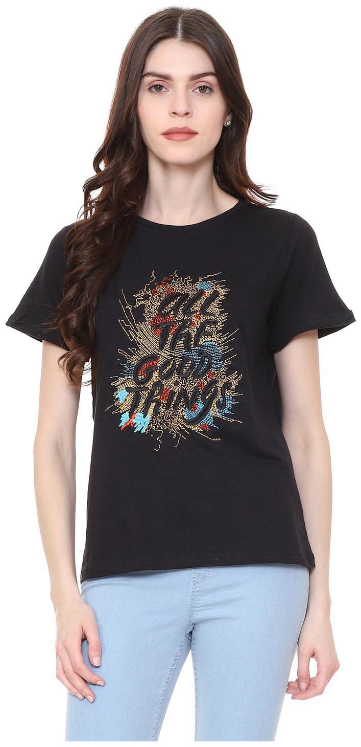 

People Women Black Regular fit Round neck Cotton T shirt
