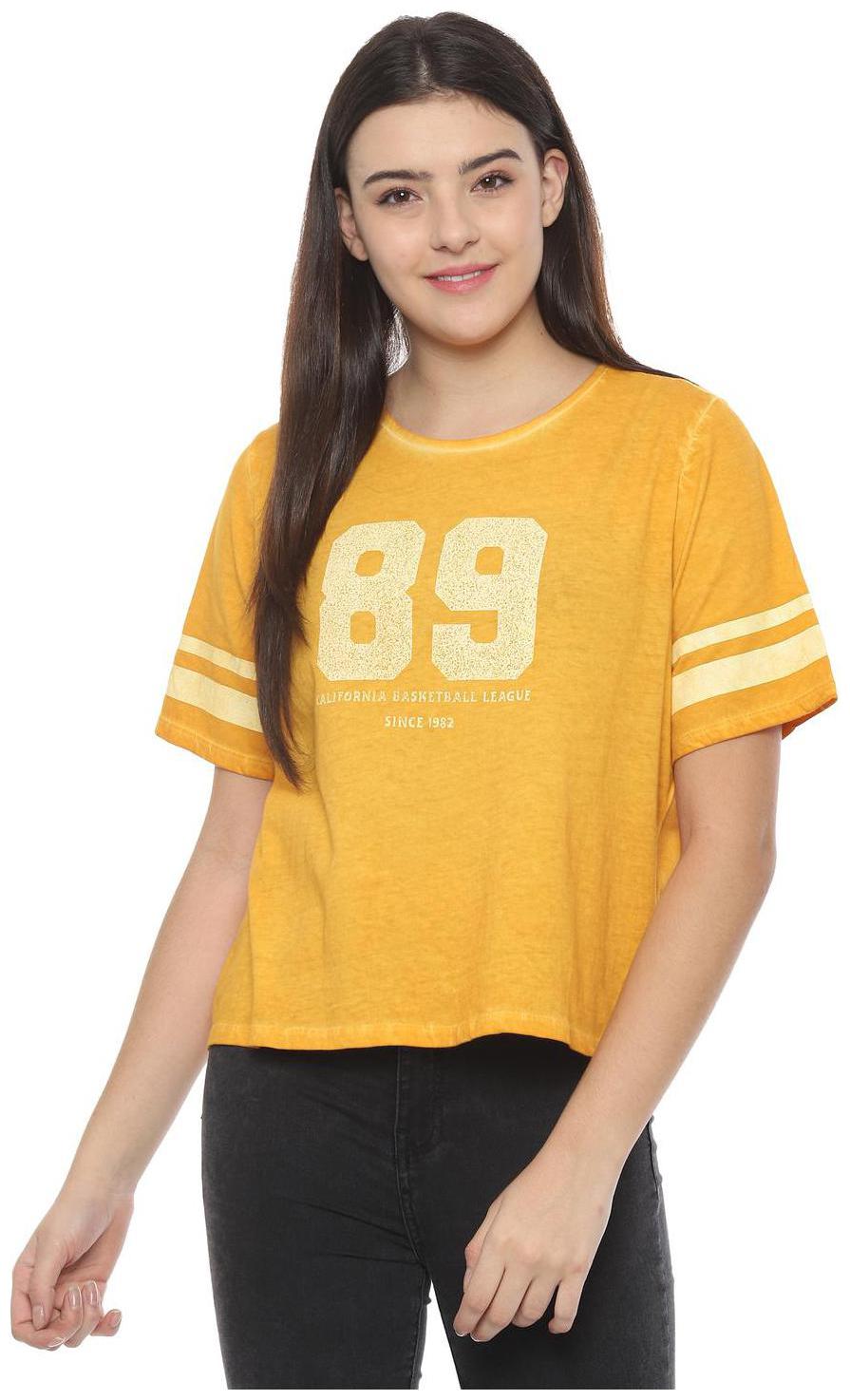 

People Women Yellow Regular fit Round neck Cotton T shirt