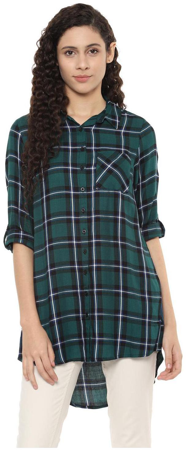 

People Women Green Checked Regular Fit Shirt