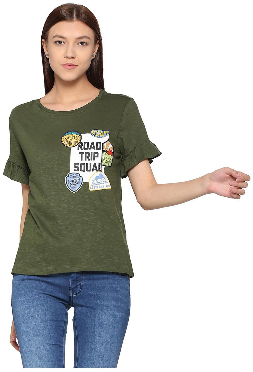 

People Women Green Regular fit Round neck Cotton T shirt