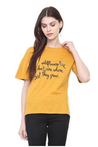 People Women Yellow Regular fit Round neck Cotton T shirt