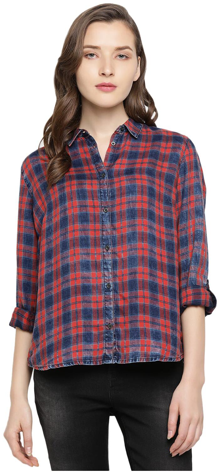 

Pepe Jeans Women Red Blue Checked Regular Fit Shirt