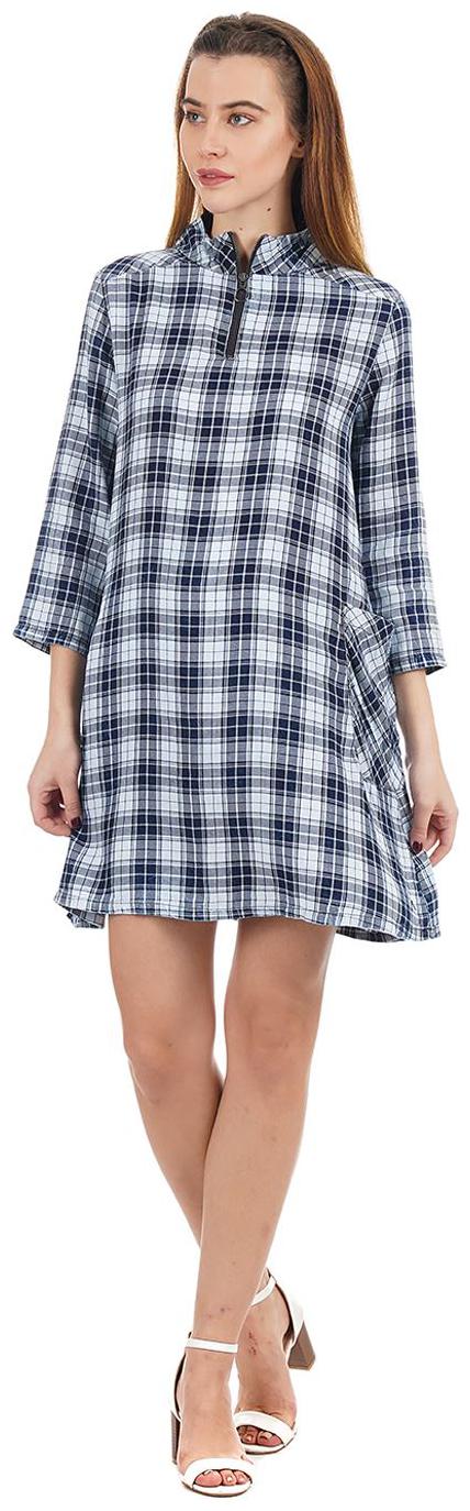 

Pepe Jeans Blended Checked Blue Color A Line Dress For Women