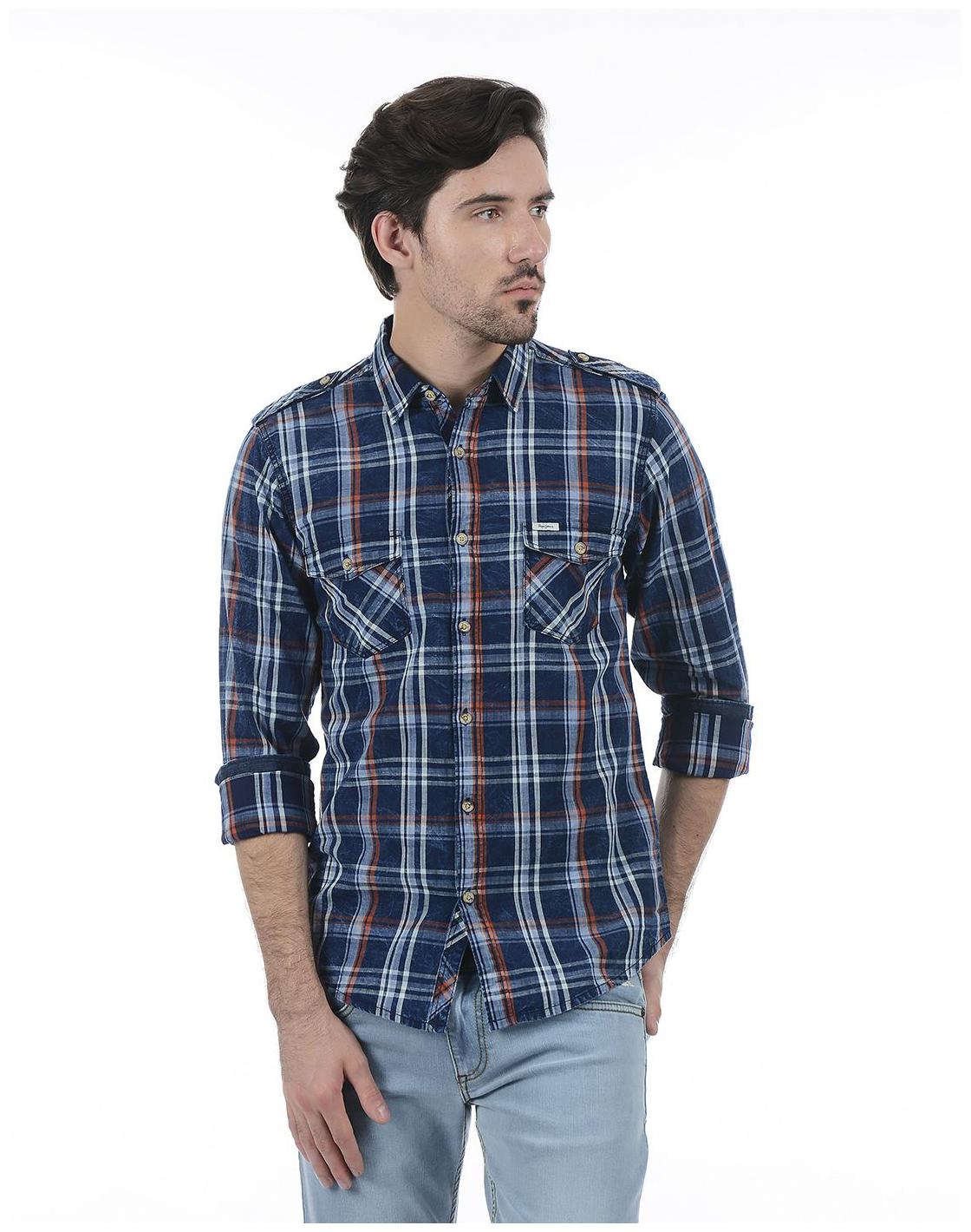 

Pepe Jeans Men Navy Blue Checked Regular Fit Casual Shirt
