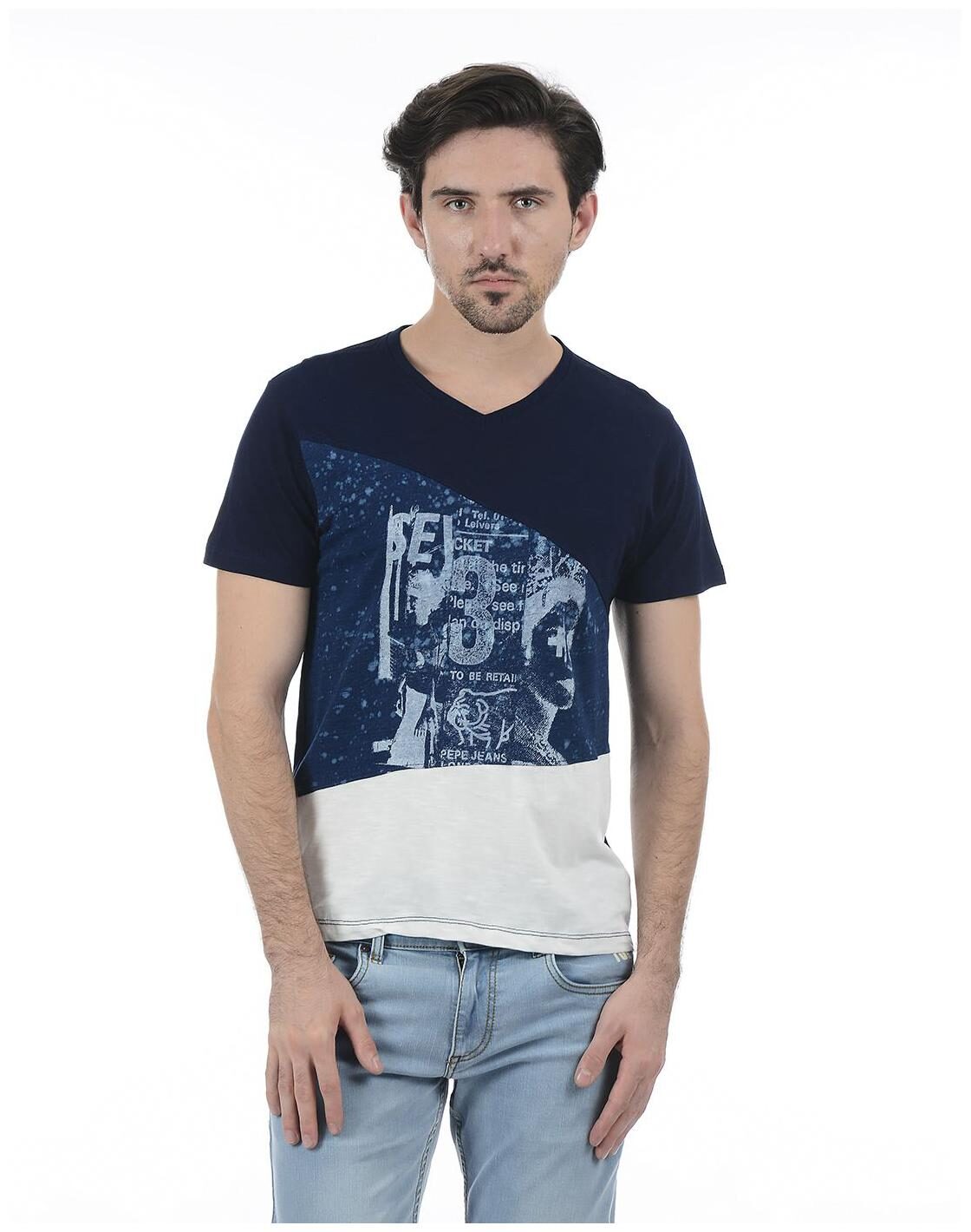 

Pepe Jeans Men Blue White Regular fit Cotton V neck T-Shirt - Pack Of 1