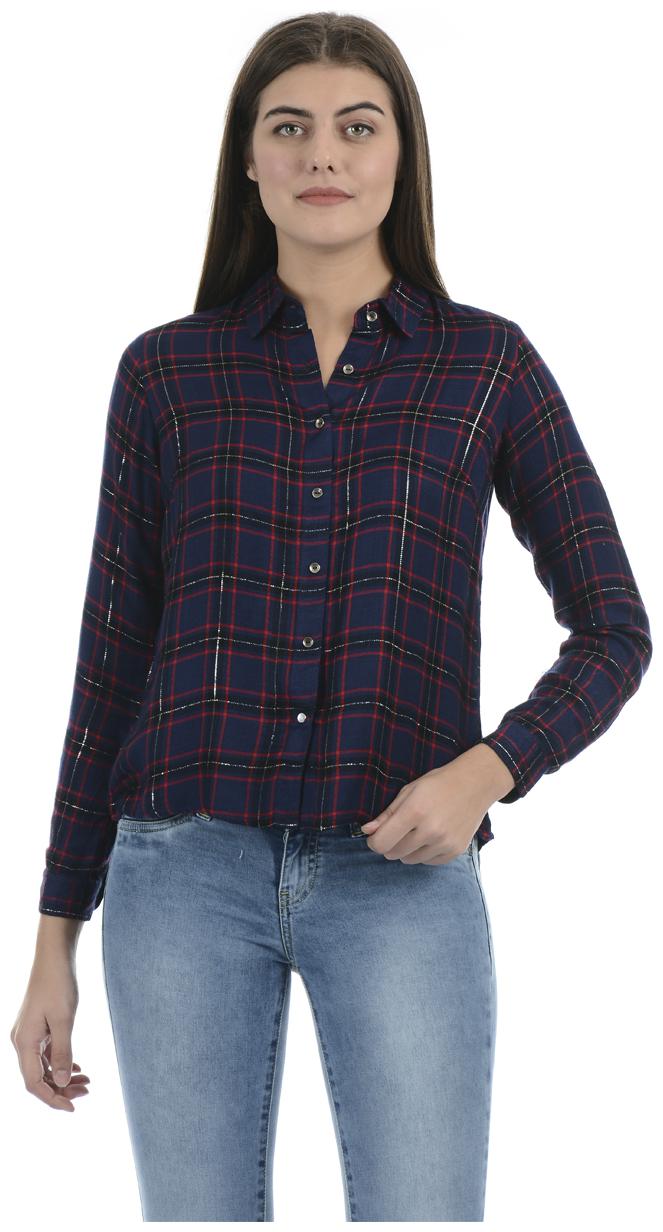 

Pepe Jeans Women Navy Blue Checked Regular Fit Shirt