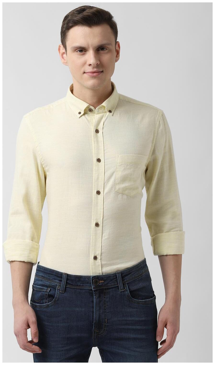 

Peter England Men Yellow Textured Super Slim Fit Casual Shirt