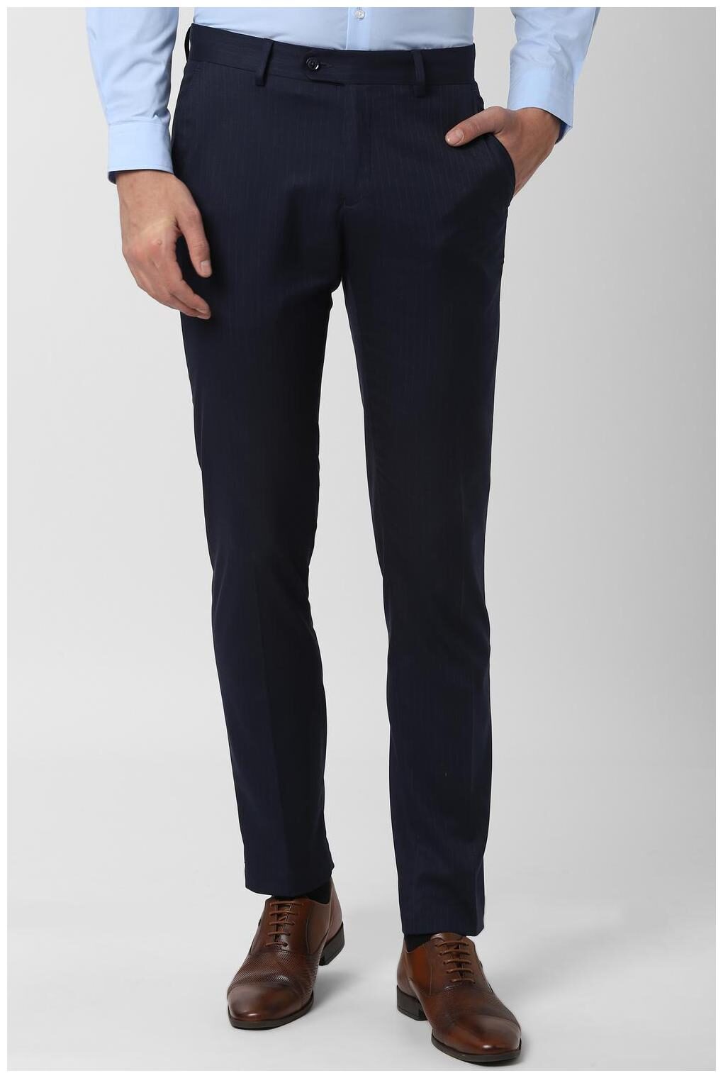 

Peter England Men Striped Slim Fit Formal Trouser - Navy Blue