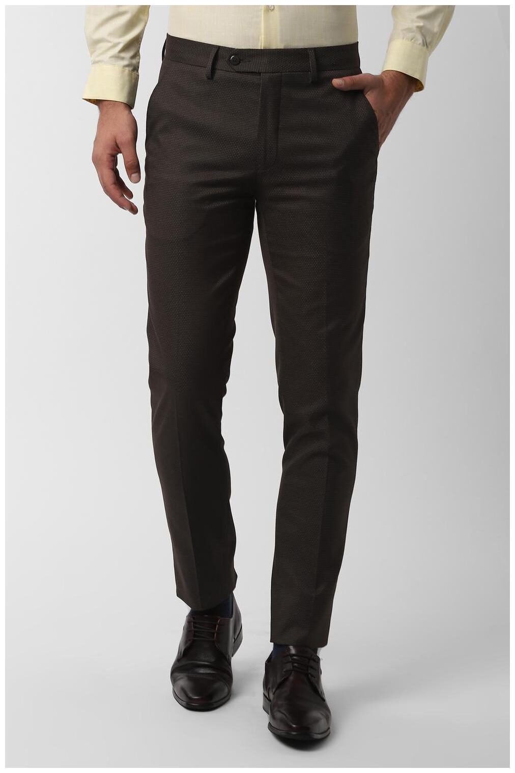 

Peter England Men Brown Textured Slim fit Regular trousers