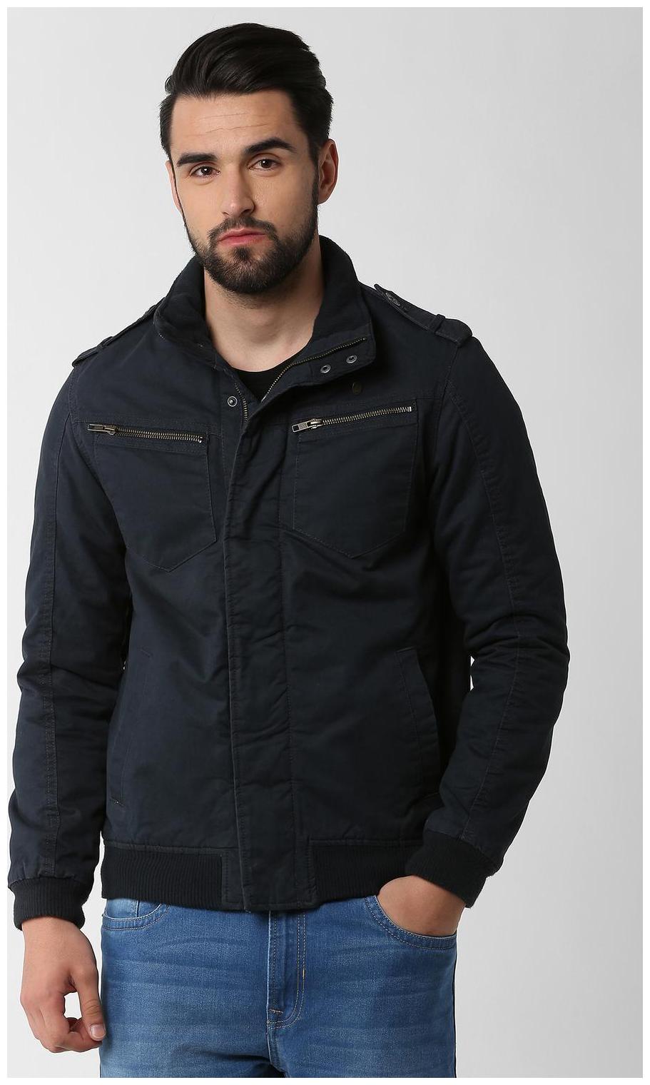 

Peter England Men Blue Solid Bomber jacket