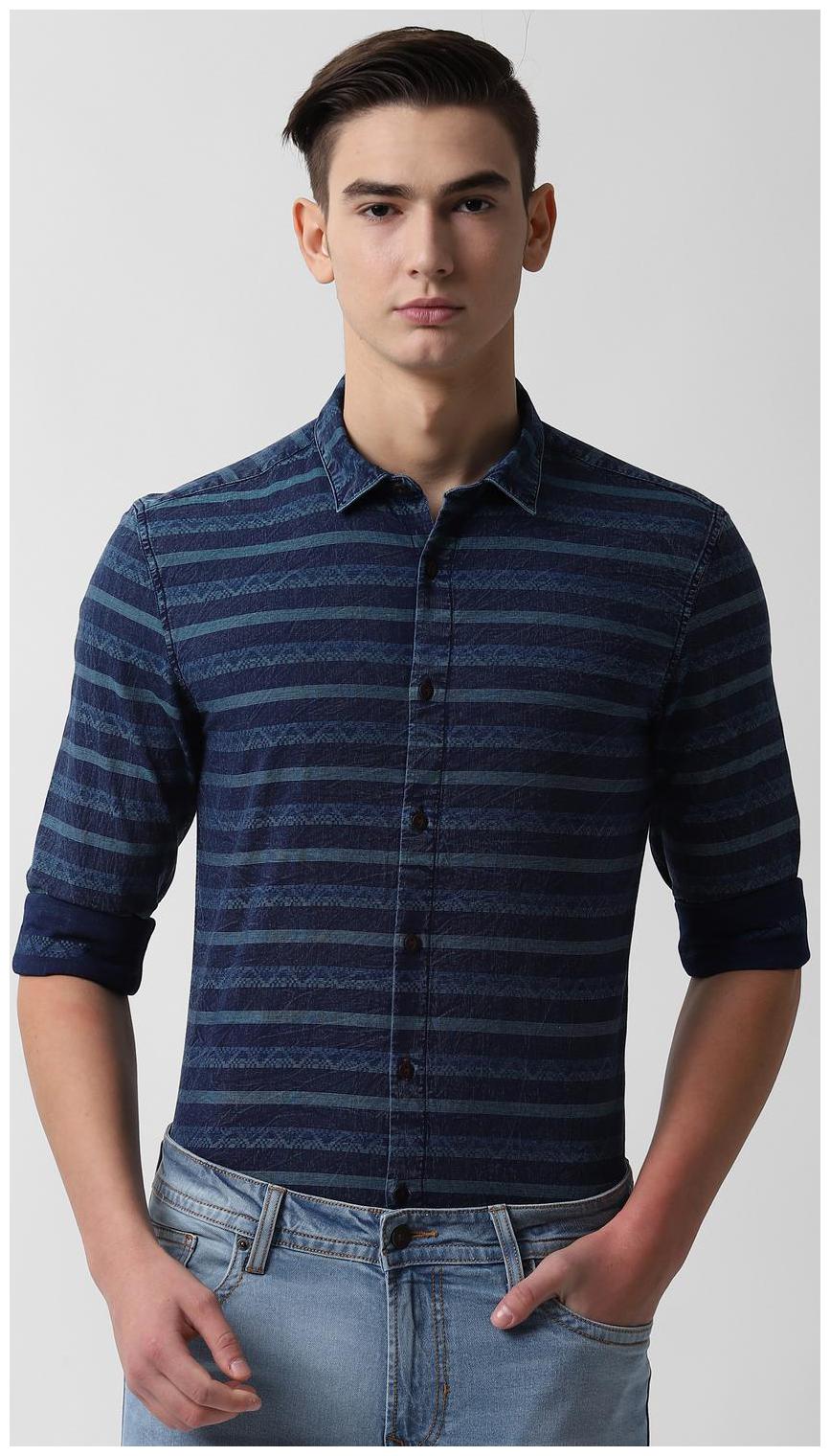 

Peter England Men Blue Horizontal Stripes Super Slim Fit Casual Shirt