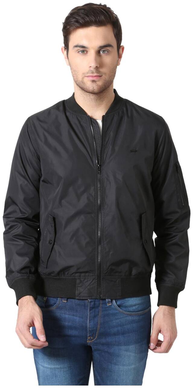 Peter England Men Black Solid Bomber jacket