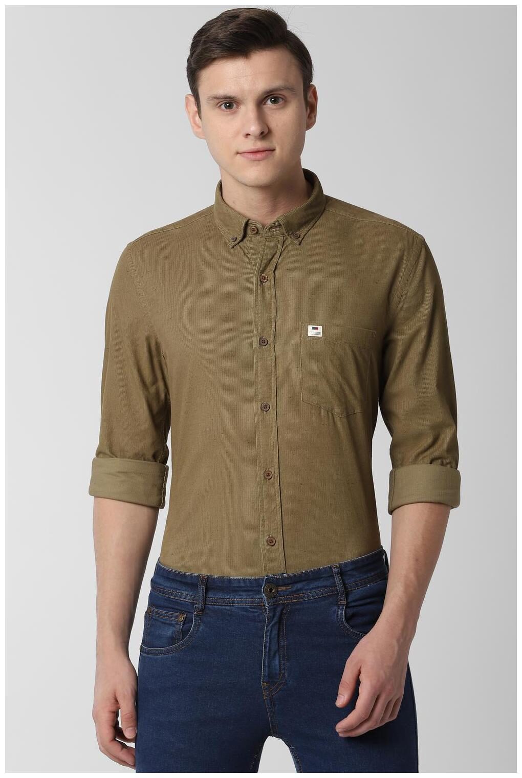

Peter England Men Green Weaved Super Slim Fit Casual Shirt