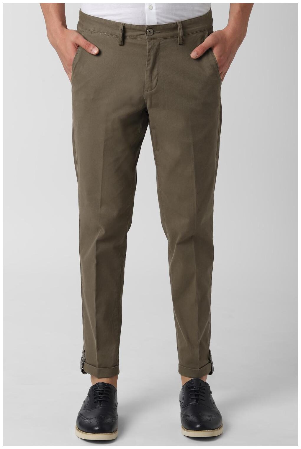 

Peter England Men Green Textured Tapered fit Regular trousers