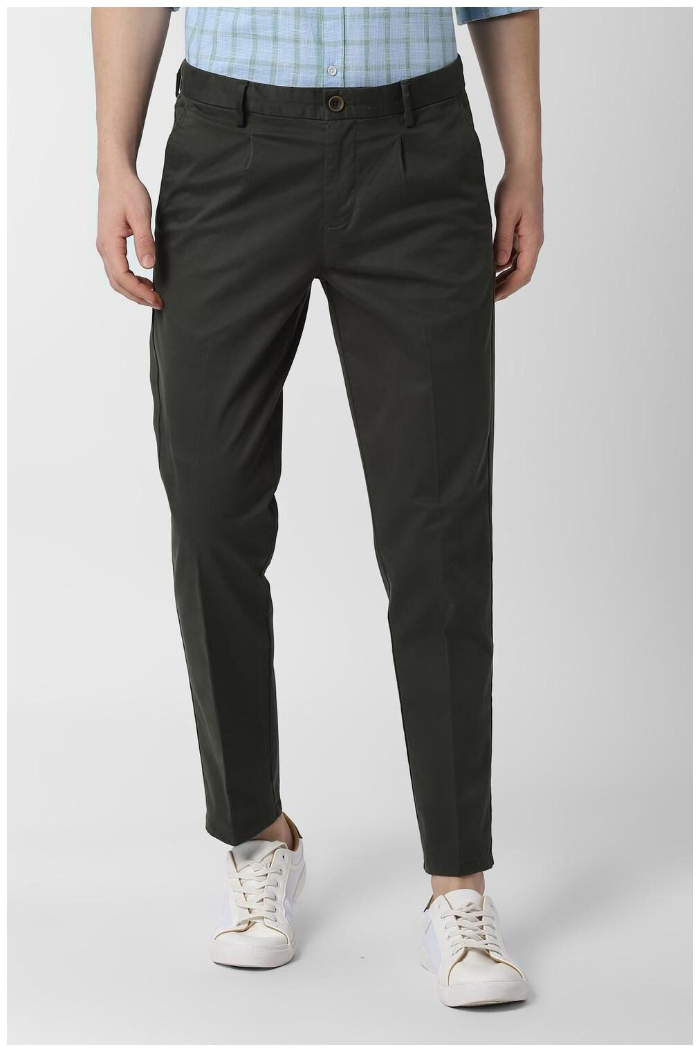 

Peter England Men Green Solid Tapered fit Regular trousers