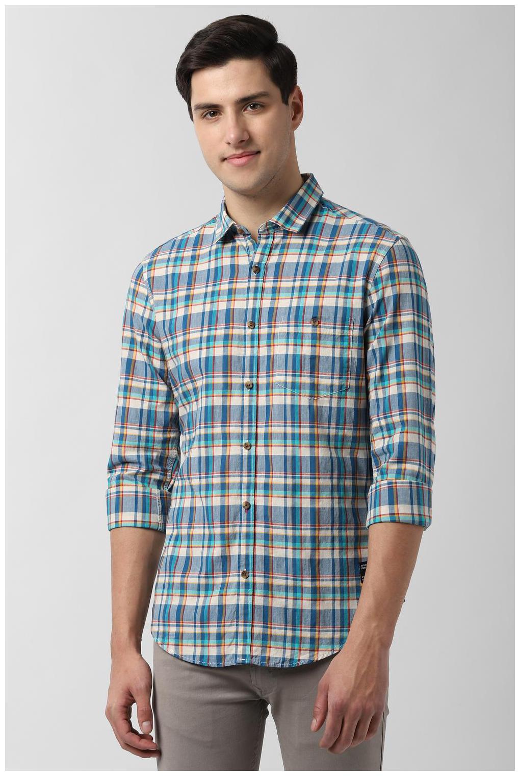 

Peter England Men Blue Checked Super Slim Fit Casual Shirt