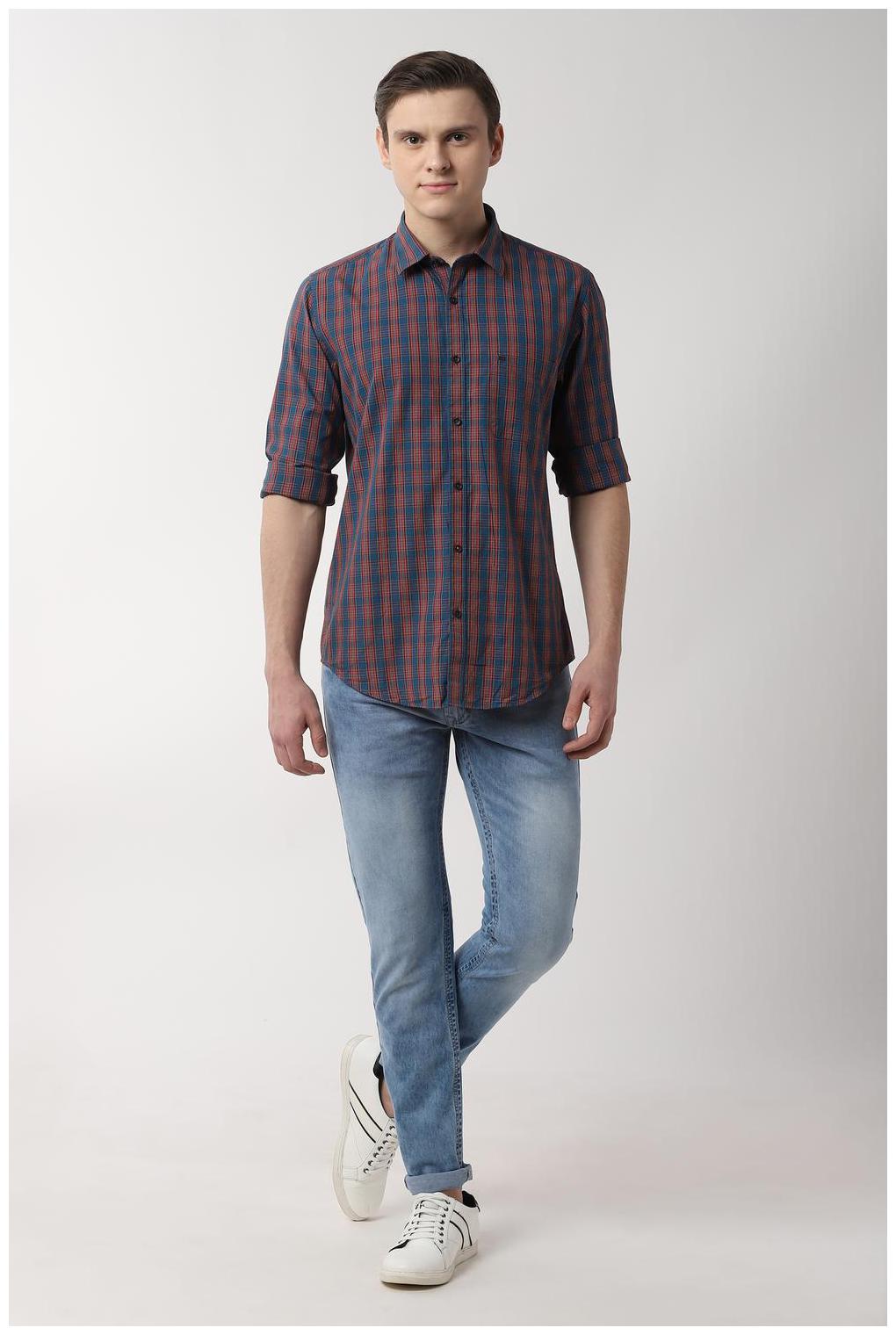 

Peter England Men Blue Checked Slim Fit Casual Shirt