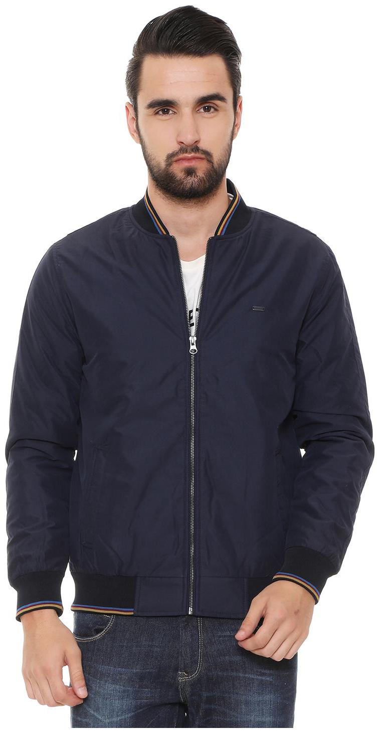 

Peter England Men Blue Solid Bomber jacket