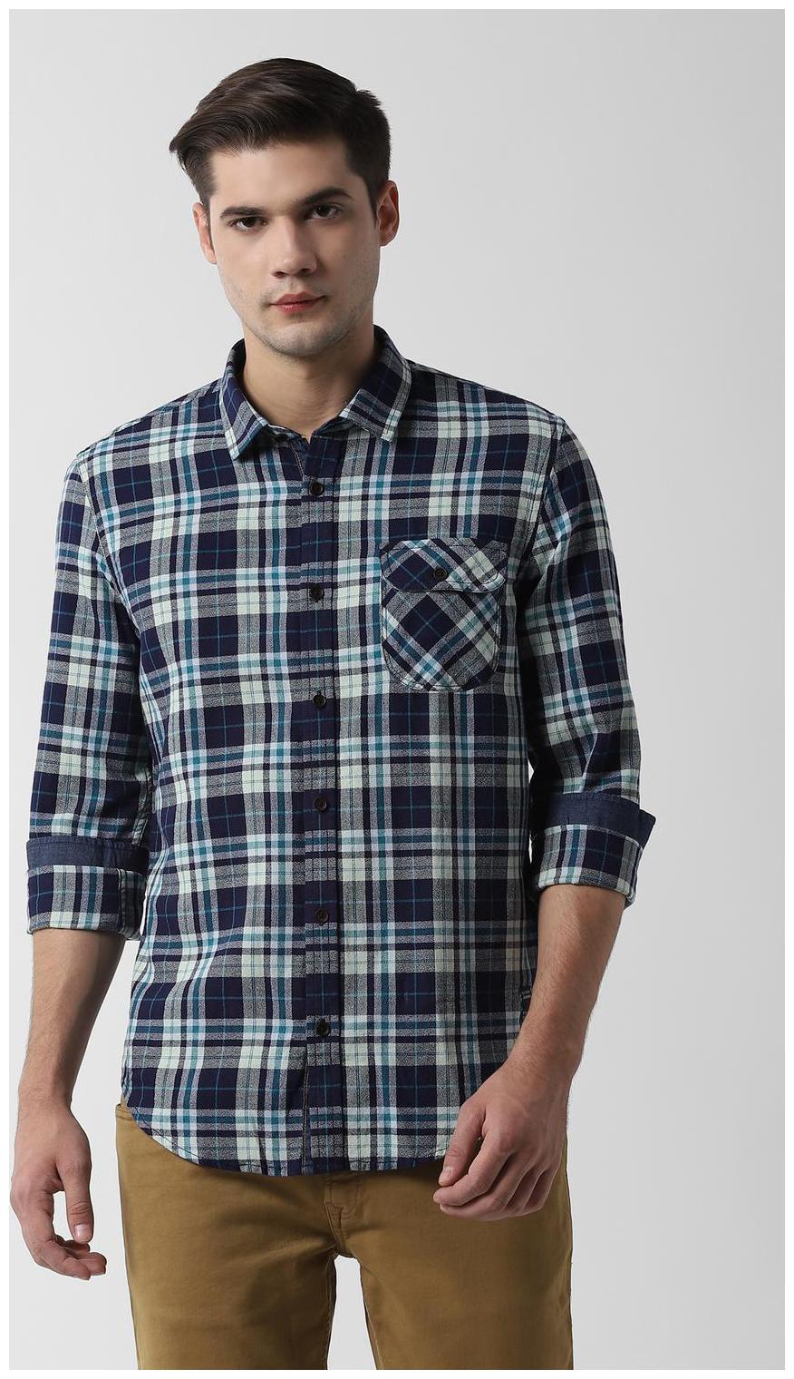

Peter England Men Blue Checked Super Slim Fit Casual Shirt
