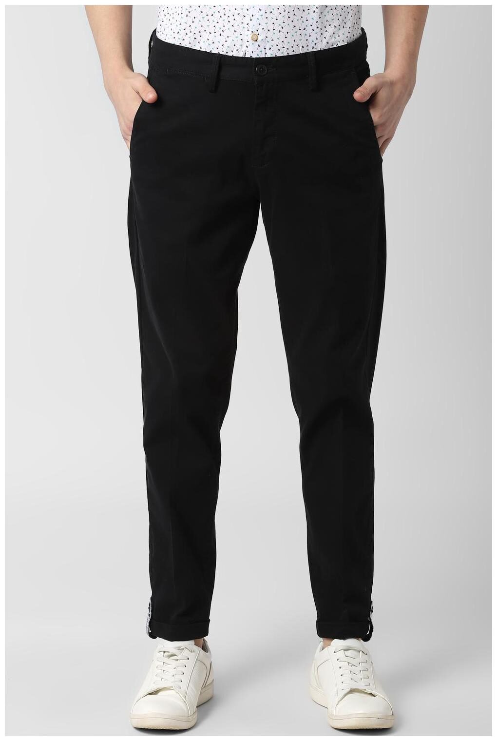 

Peter England Men Black Textured Tapered fit Regular trousers