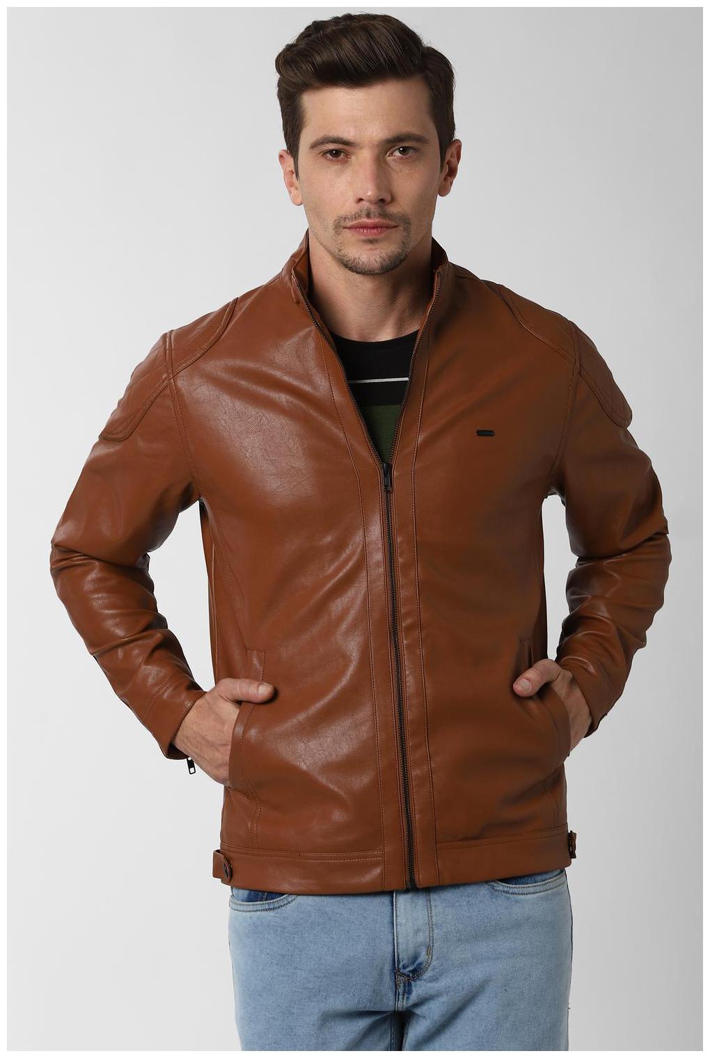 

Peter England Men Brown Solid Biker jacket