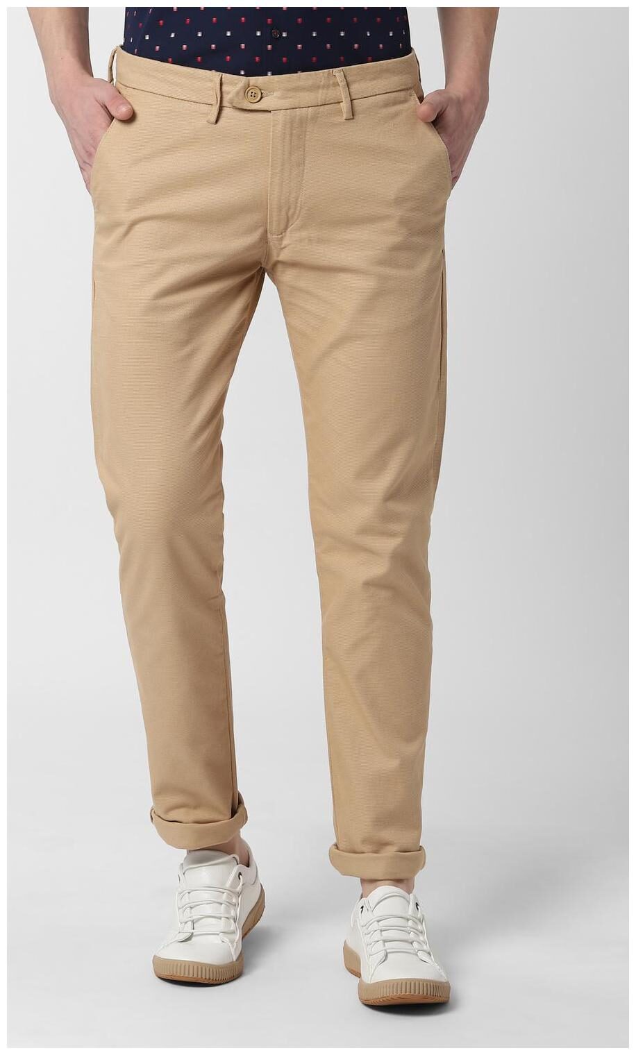 

Peter England Men Beige Textured Slim fit Regular trousers