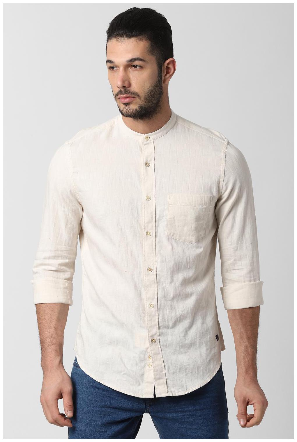 

Peter England Men Cream Textured Super Slim Fit Casual Shirt