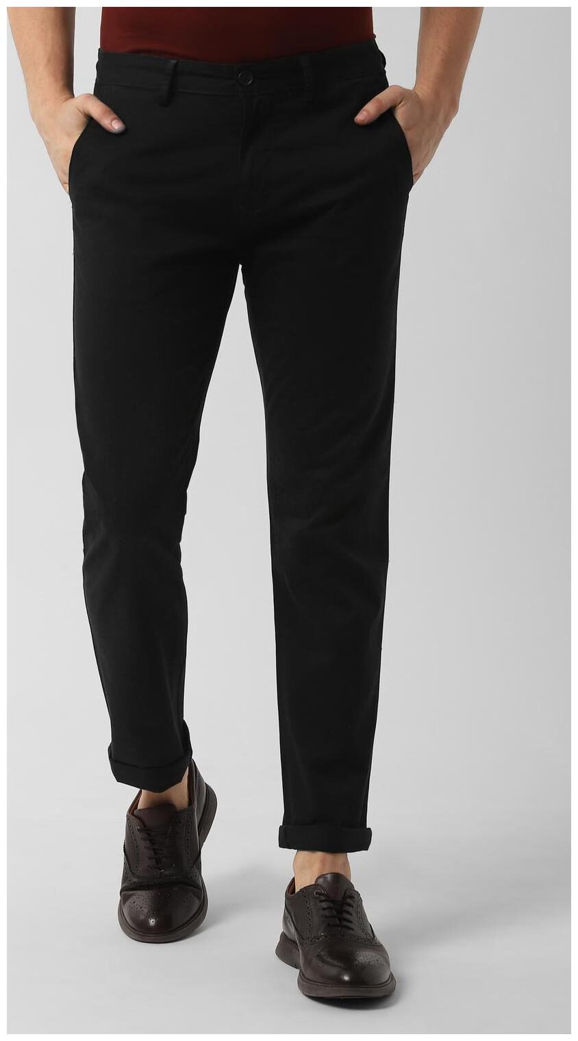 

Peter England Men Black Textured Slim fit Regular trousers