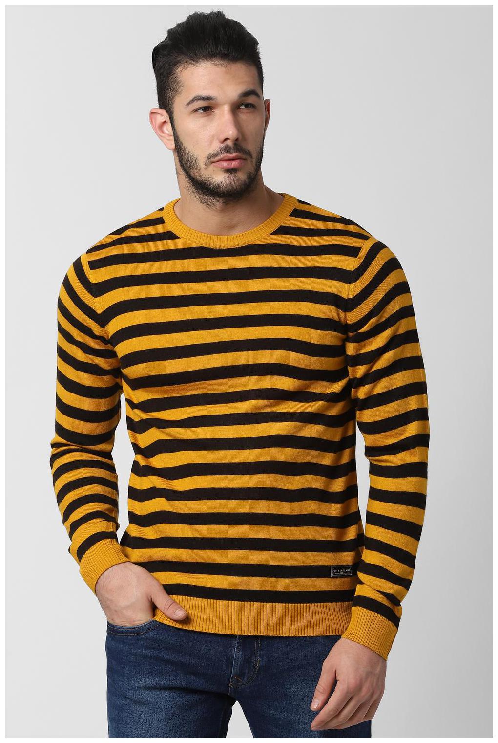 

Peter England Men Yellow Black Round neck Longline sweater